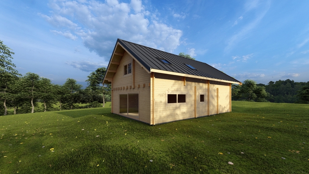 Drewniany dom z czarnym dachem.