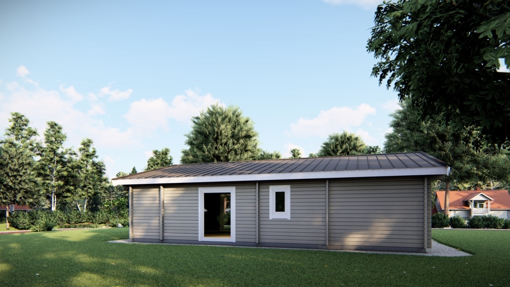 Domek na zielonym trawniku.