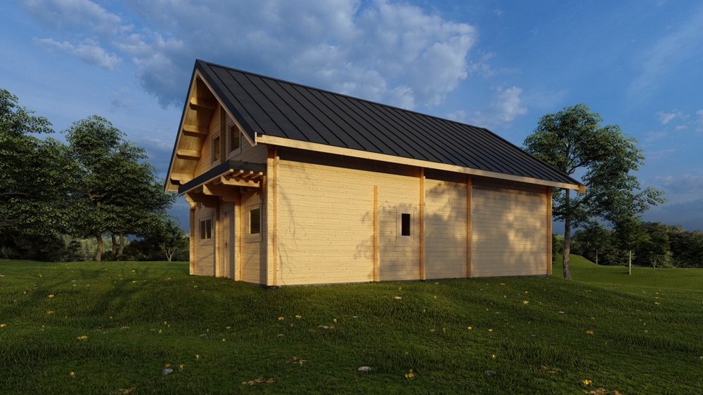 Drewniany dom na zielonej łące.