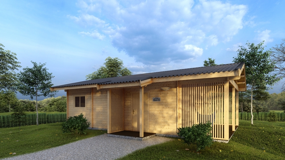 Drewniany dom w zielonym terenie.