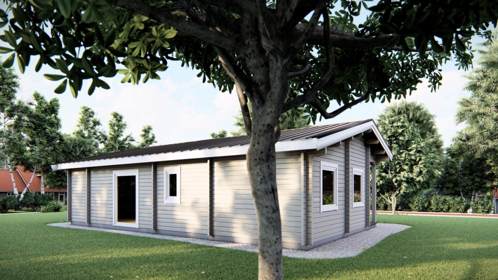 Budynek, drzewo, trawnik.