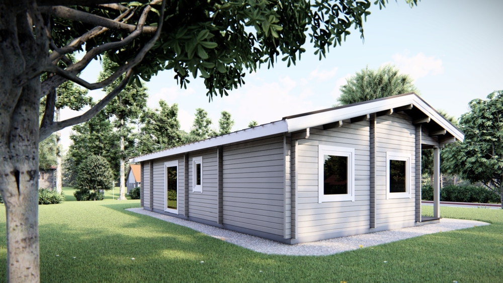 Budynek drewniany, parterowy, szary.