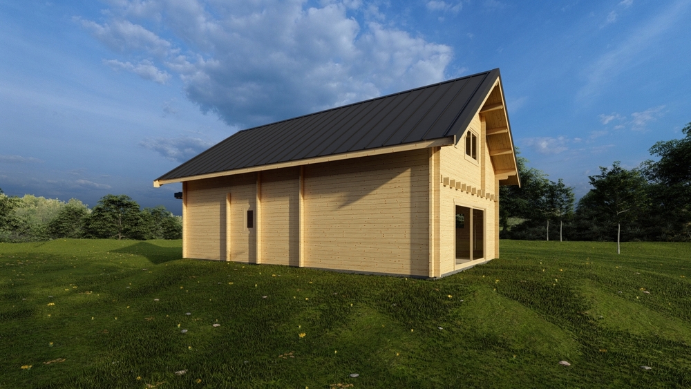 Budynek drewniany z czarnym dachem.