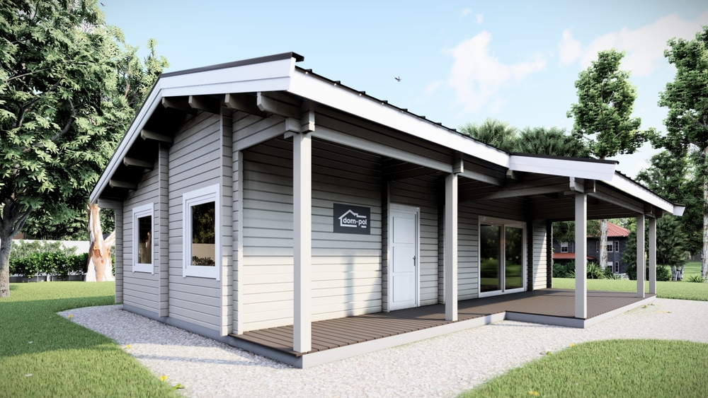 Mały, drewniany budynek z zadaszeniem.