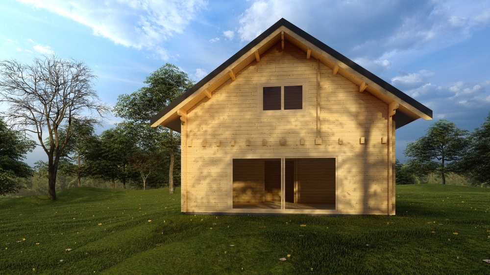 Drewniany dom w krajobrazie.
