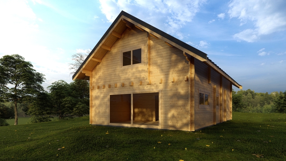 Drewniany dom na trawie.