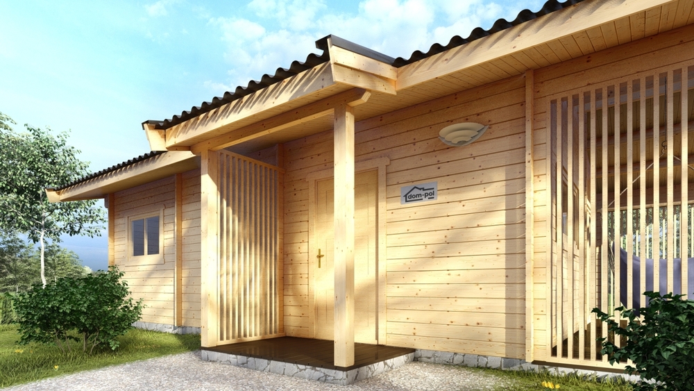 Drewniany dom z dużym dachem.