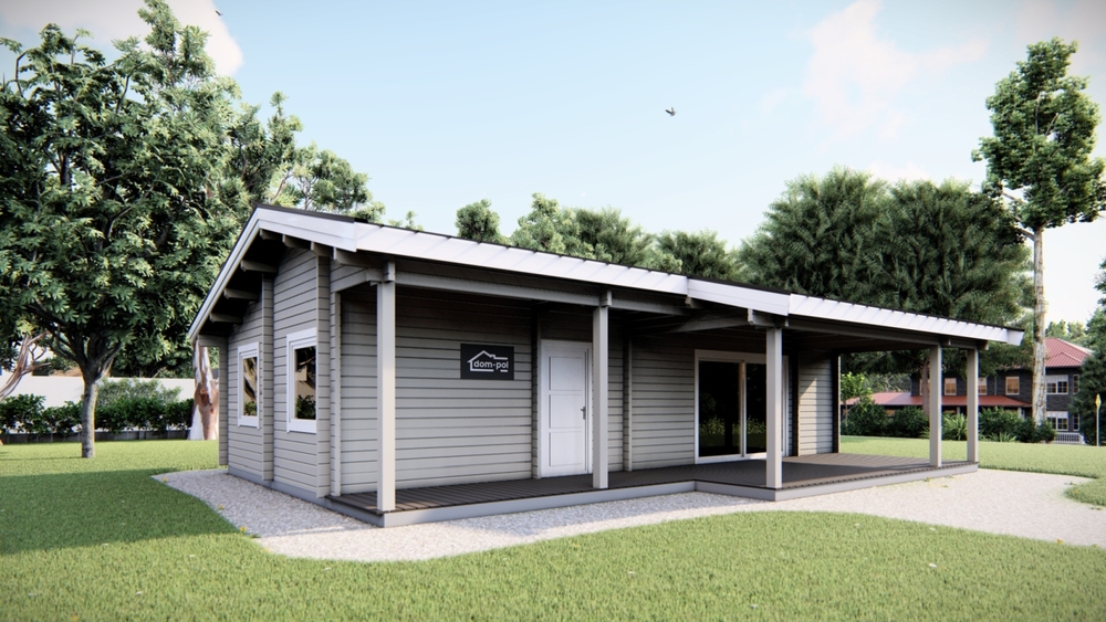 Domek z drewna w otoczeniu zieleni.