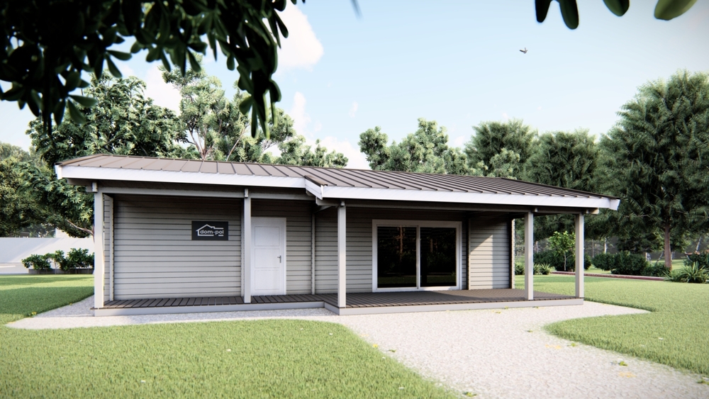 Small wooden house with metal roof.