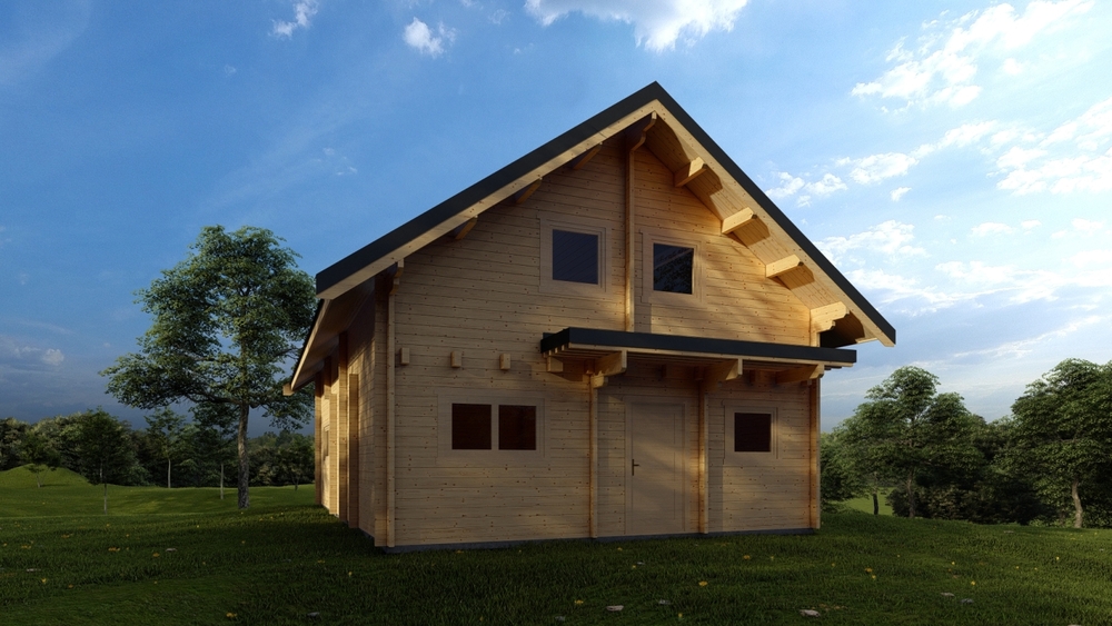 Drewniany dom w lesie.