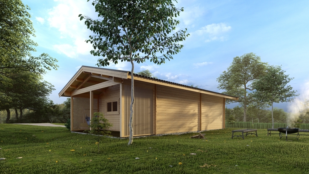 Drewniany dom na łące.