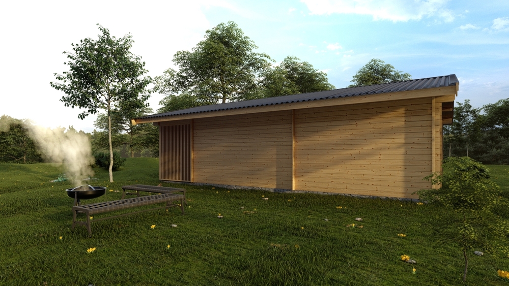 Drewniany domek na trawniku.