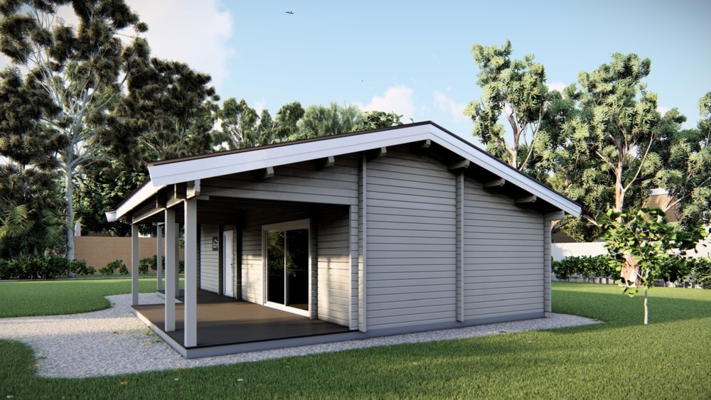 Drewniany dom z tarasem.