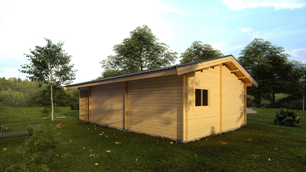 Drewniany dom z drzewami.