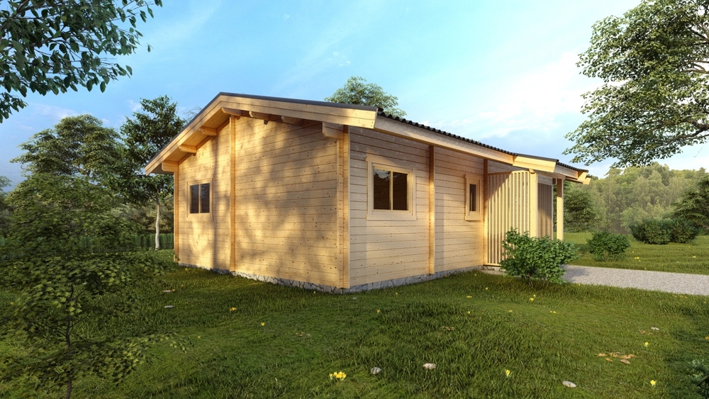 Drewniany domek w zielonym otoczeniu.
