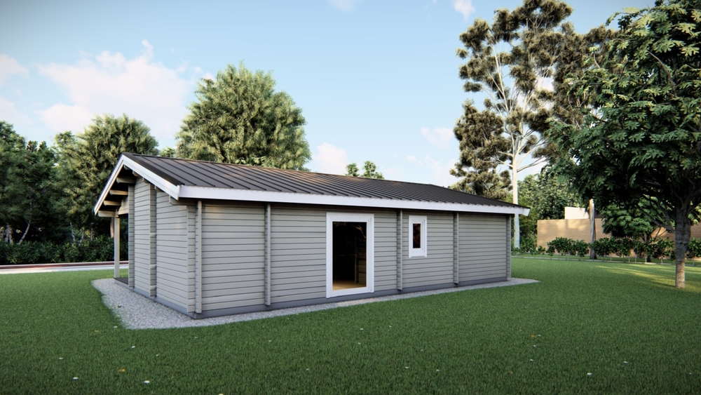 Budynek drewniany, jednopiętrowy z czarnym dachem.