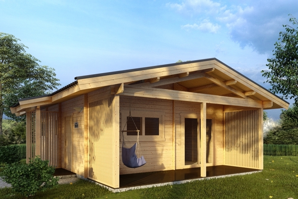 Drewniany domek z werandą.