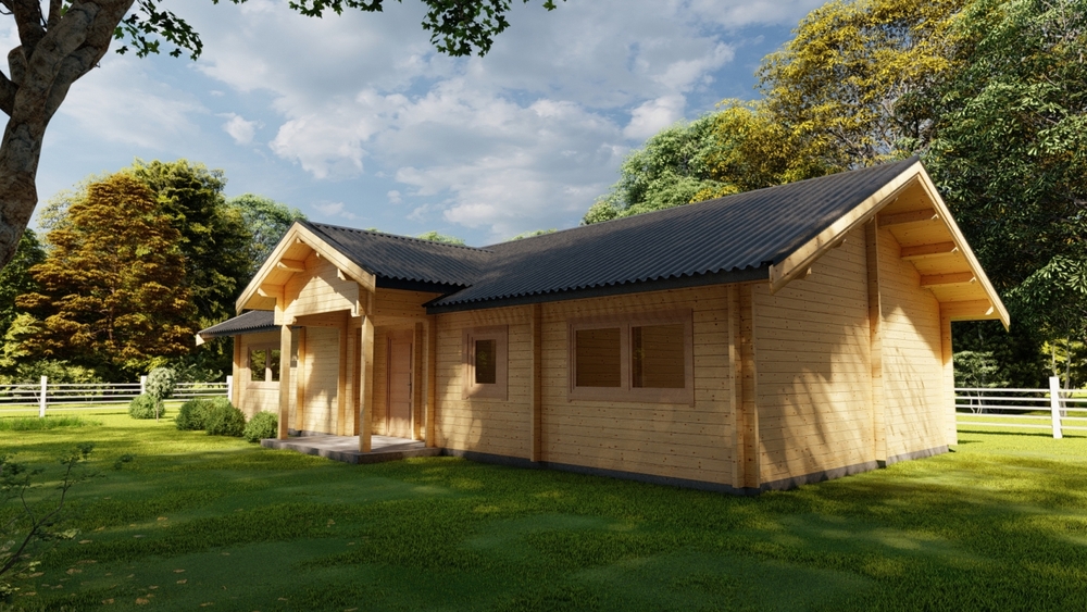 Domek drewniany na zielonym trawniku.