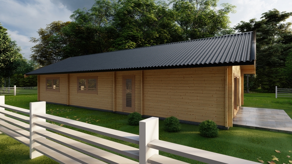 Drewniany domek na zielonych łąkach.