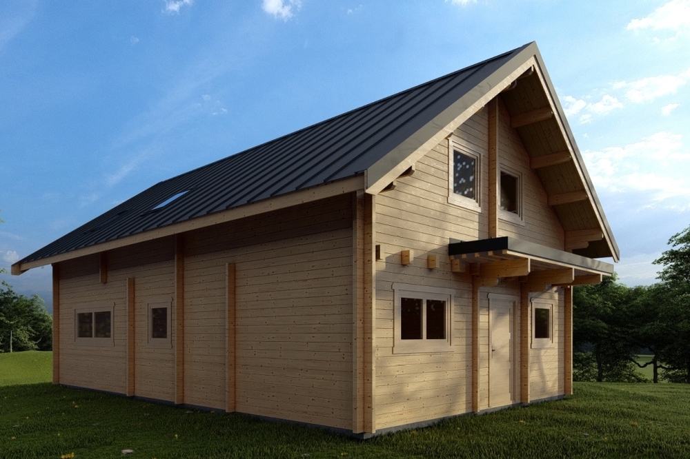 Drewniany dom z czarnym dachem.