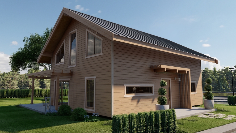 Drewniany dom z dachem dwuspadowym.