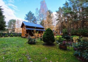 Drewniany dom w lesie.