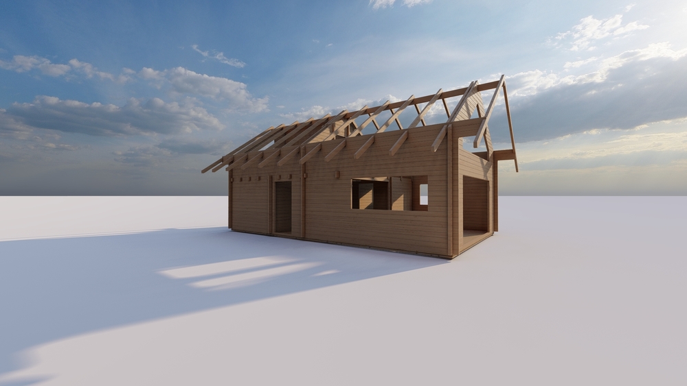 Drewniany budynek z dużymi oknami.