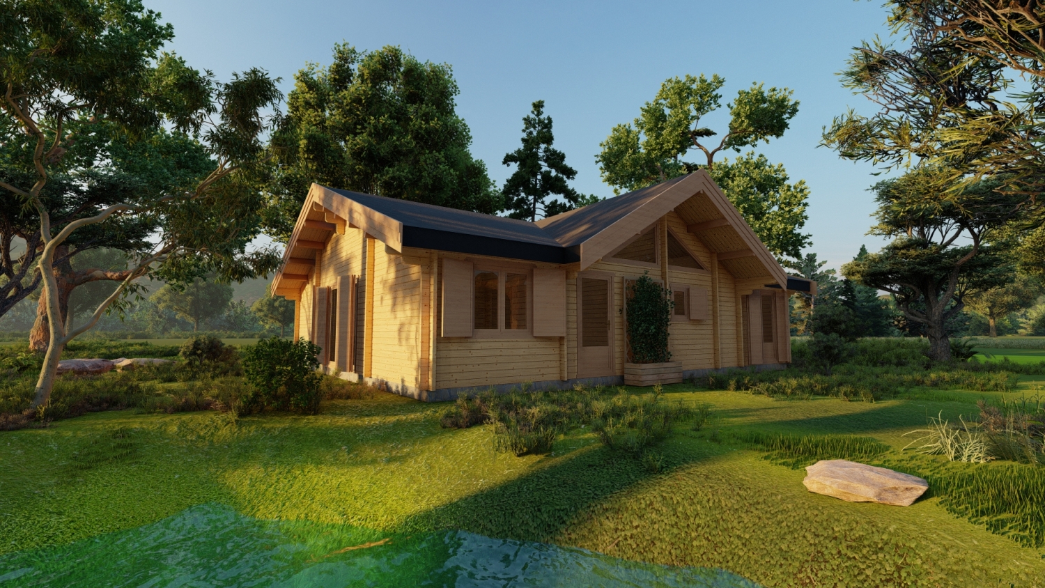 Domek drewniany na łące.