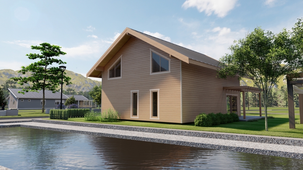 Dom z dużymi oknami.