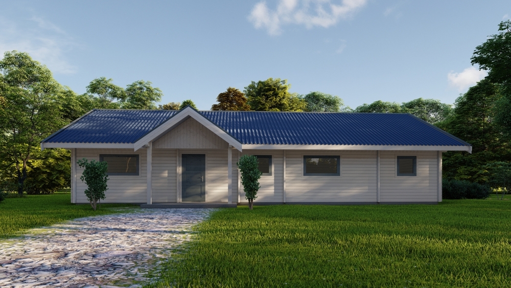Nowoczesny, parterowy dom z niebieskim dachem.