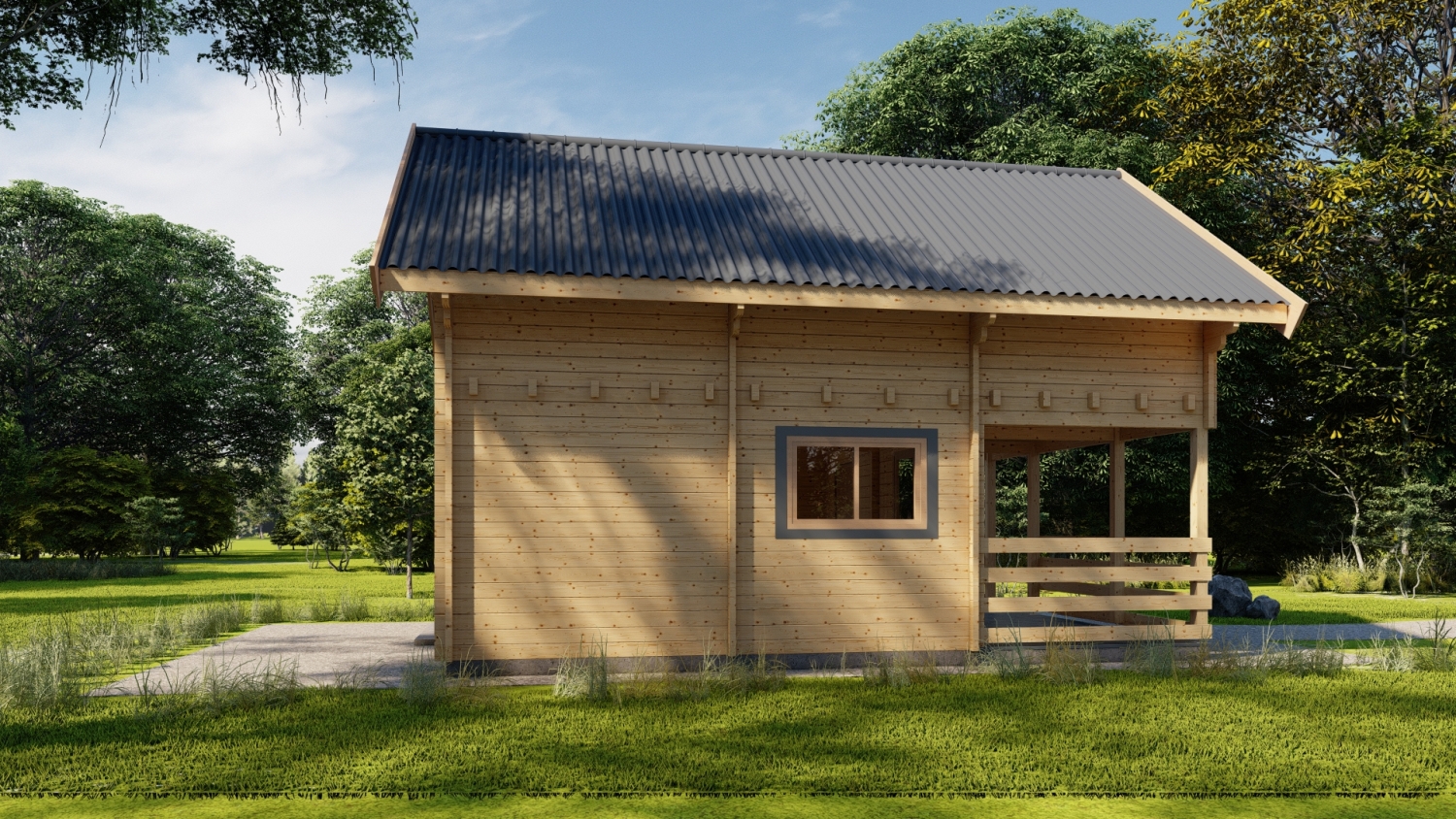 Drewniany domek na łące.