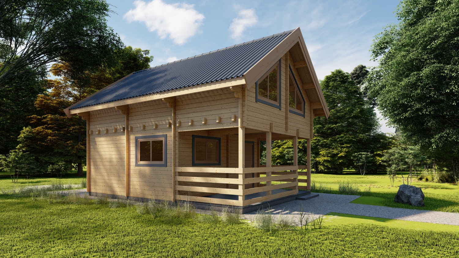 Drewniany domek w otoczeniu drzew.