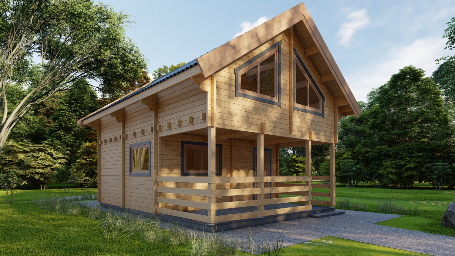 Drewniany dom na zielonym trawniku.