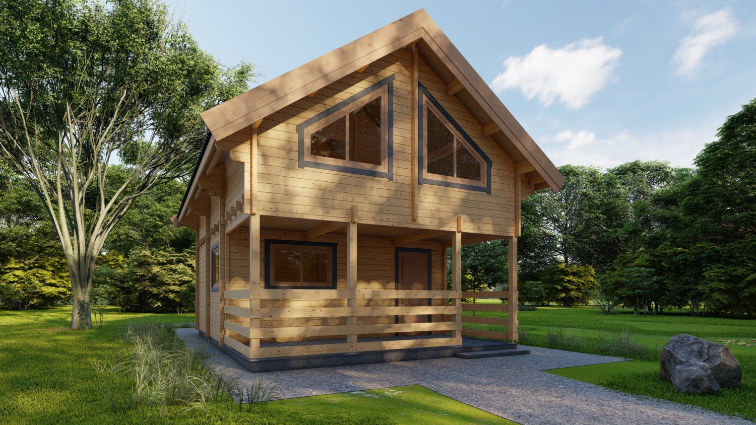 Drewniany dom na trawie.