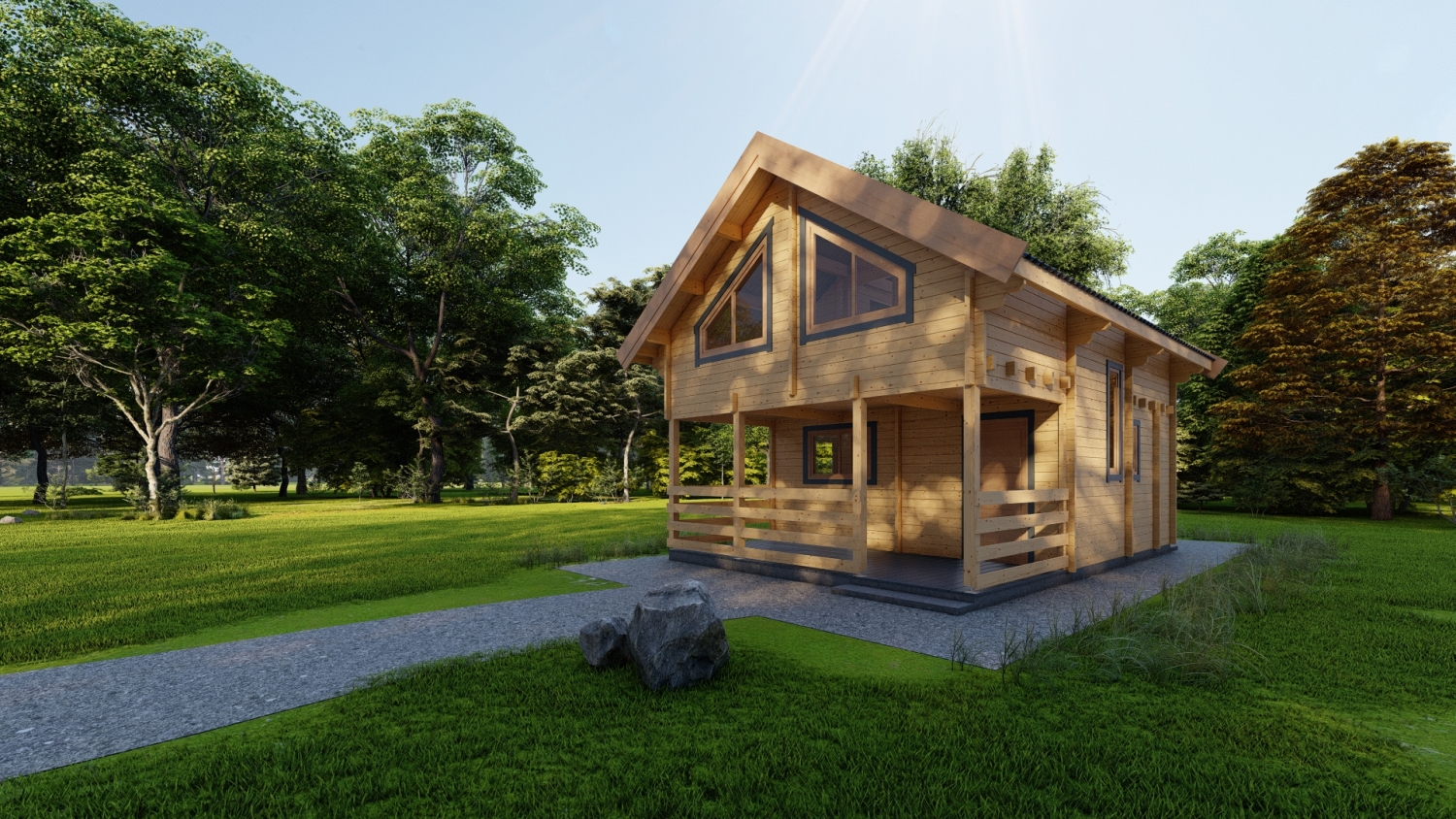 Drewniany, dwupiętrowy, letniskowy dom z tarasem.