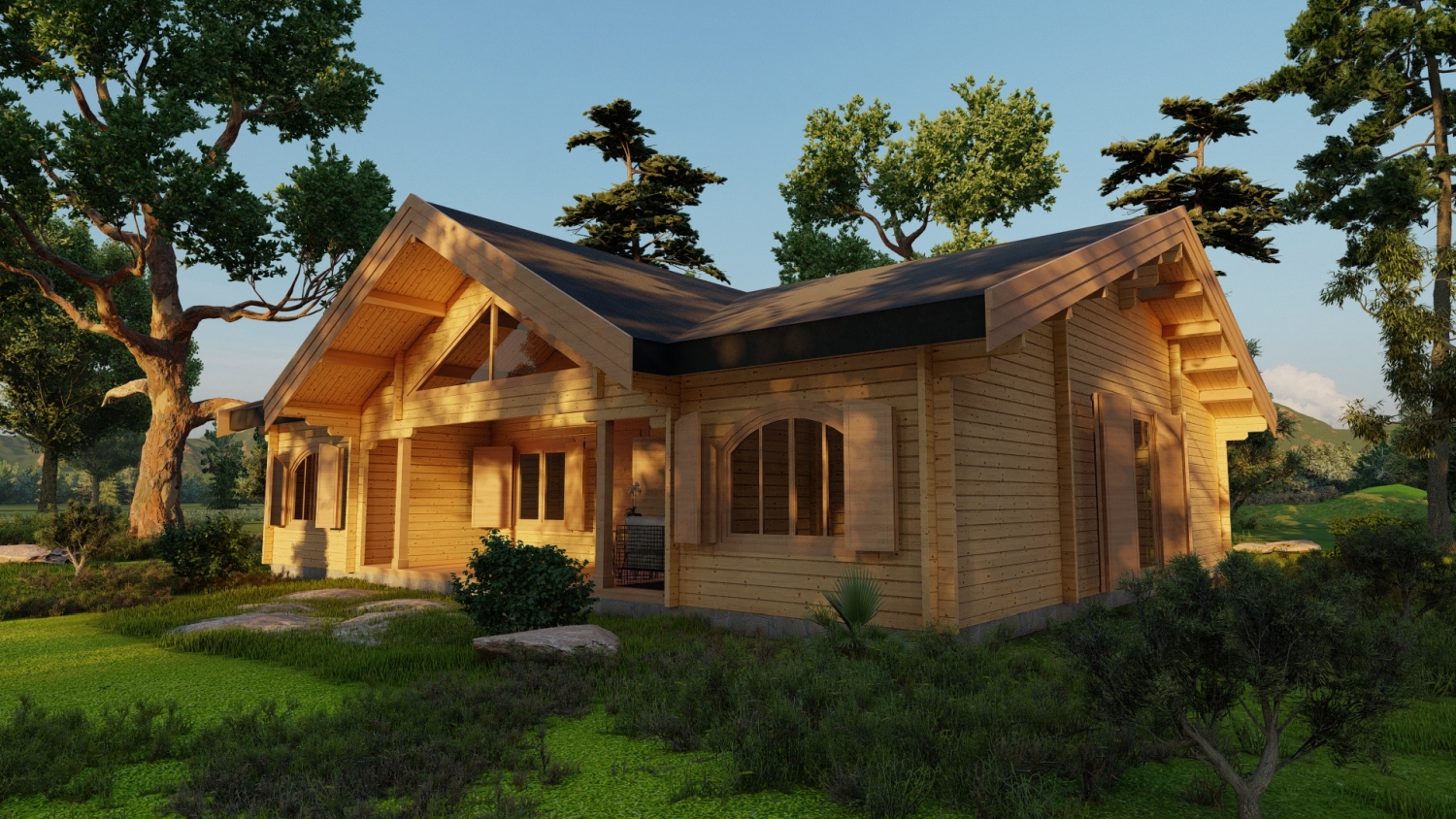 Drewniany dom w lesie.