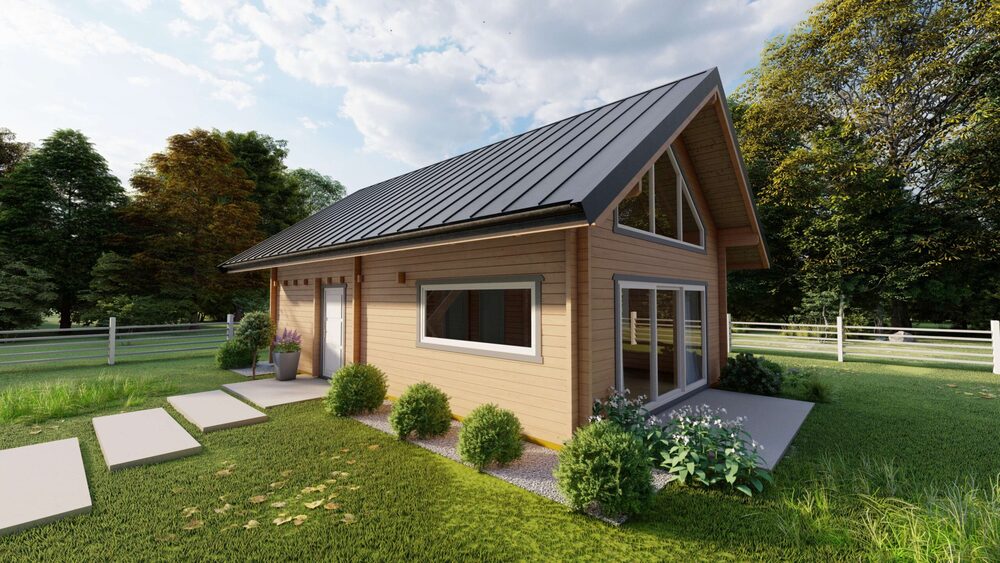 Drewniany dom z czarnym dachem.