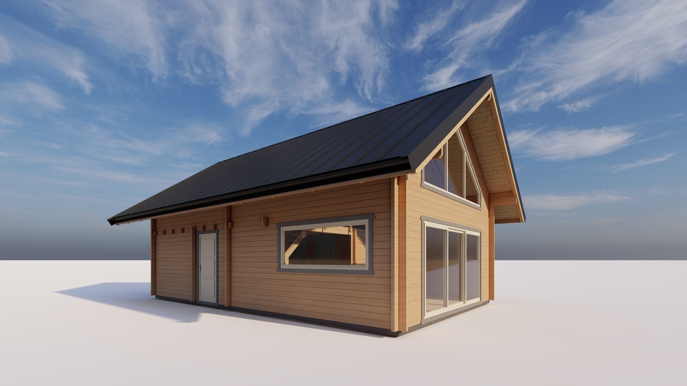 Drewniany dom na śniegu.