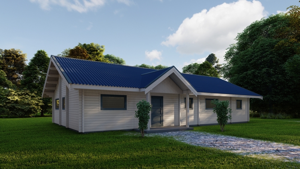 Jednopiętrowy dom z niebieskim dachem.