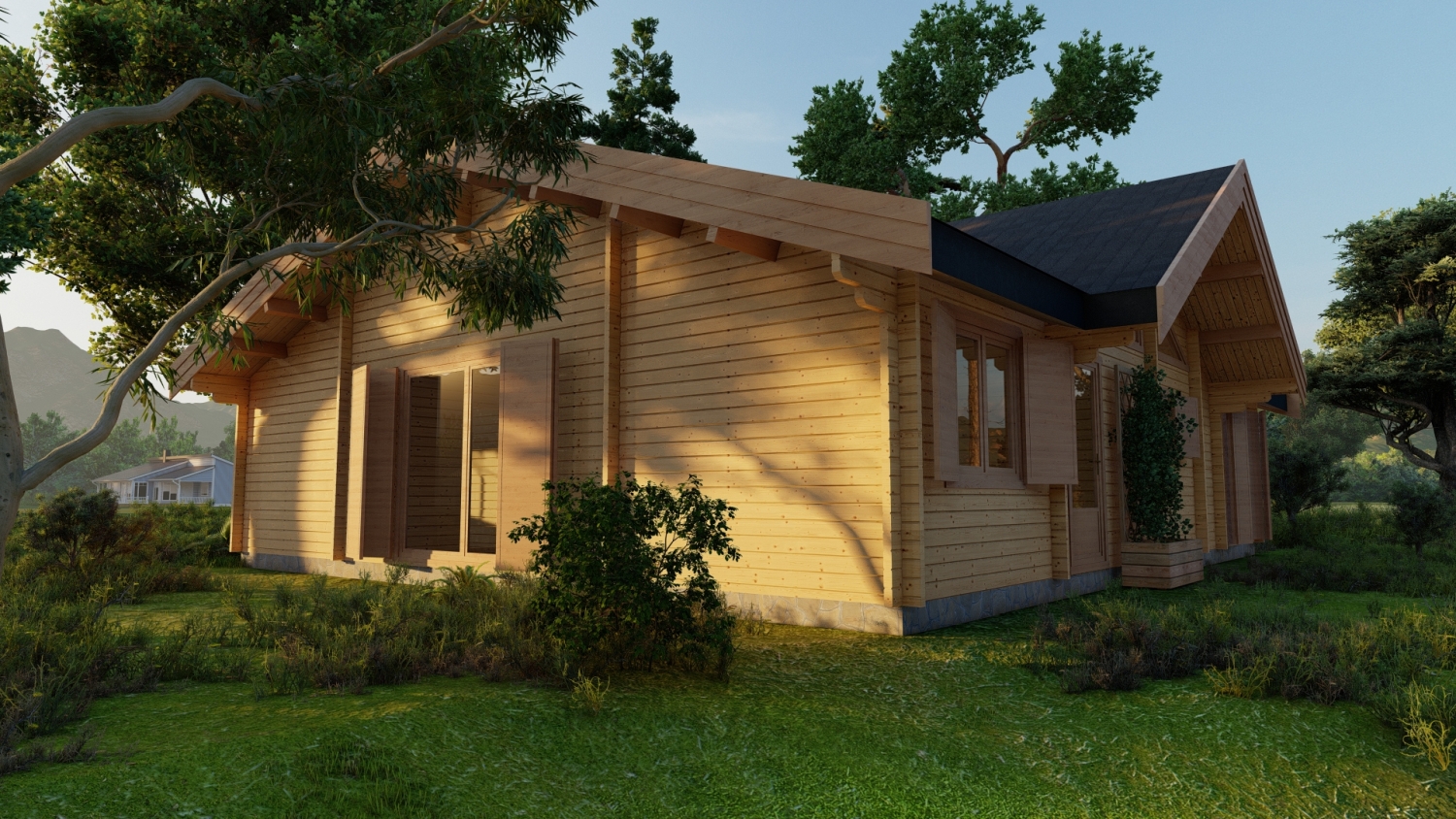 Drewniany dom z dachem.