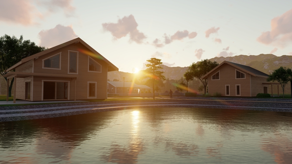 Słoneczne domy przy stawie.