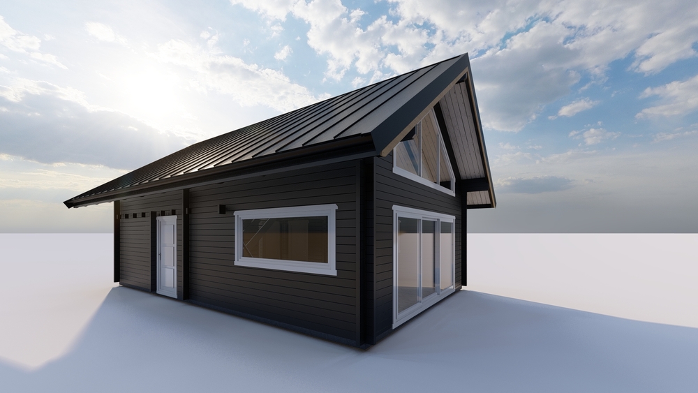 Nowoczesny, drewniany dom z czarnym dachem.