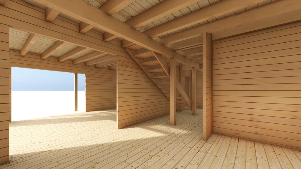 Drewniane wnętrze z belkami.