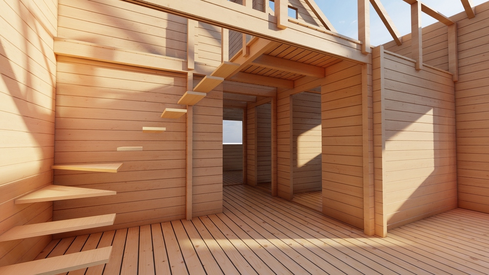 Drewniany dom z podestami.