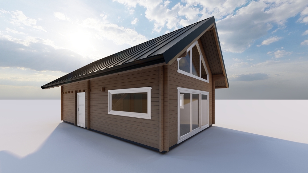 Drewniany dom z czarnym dachem.