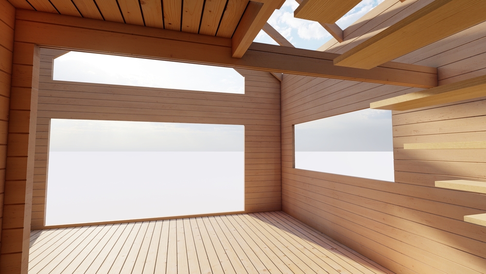 Drewniane wnętrze z oknami.