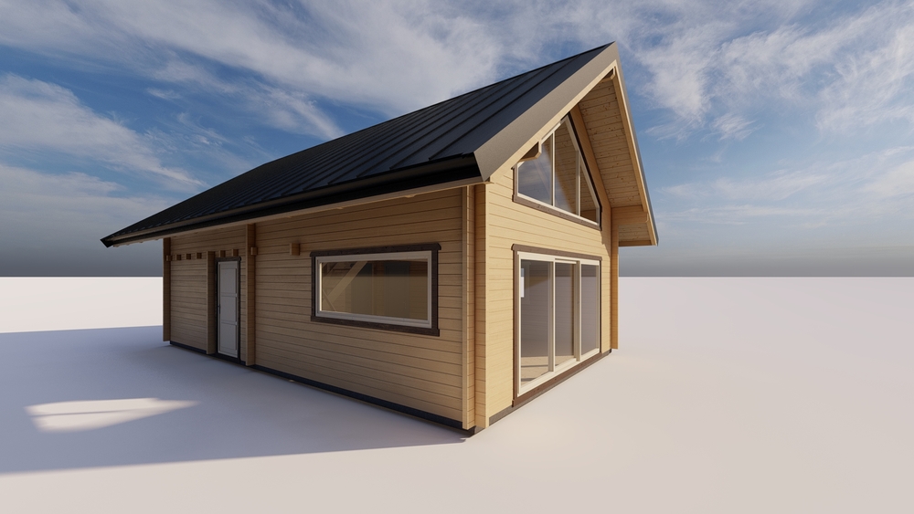 Drewniana chatka na śniegu.