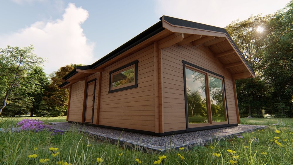 Drewniany domek w zielonym krajobrazie.