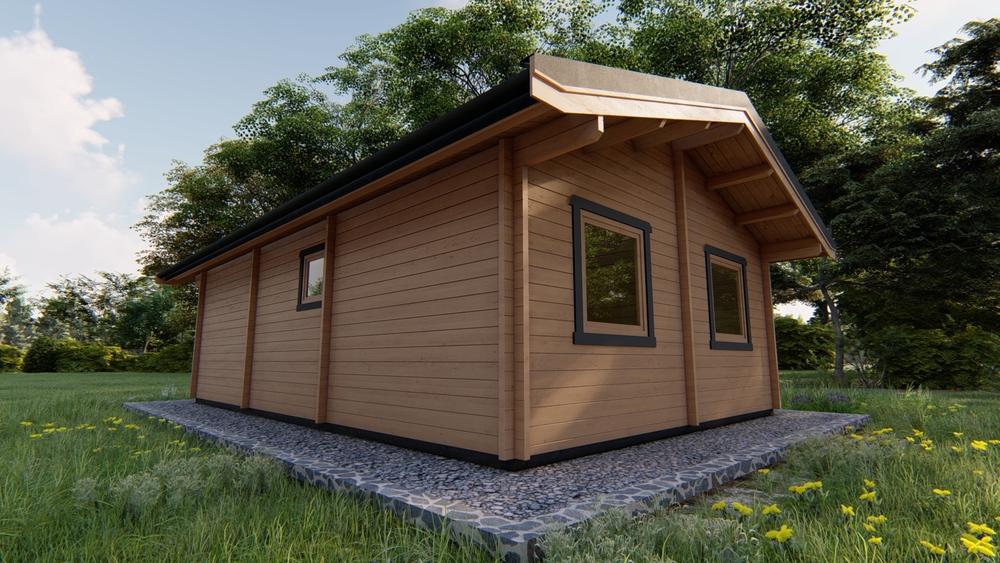 Drewniany domek na łące.