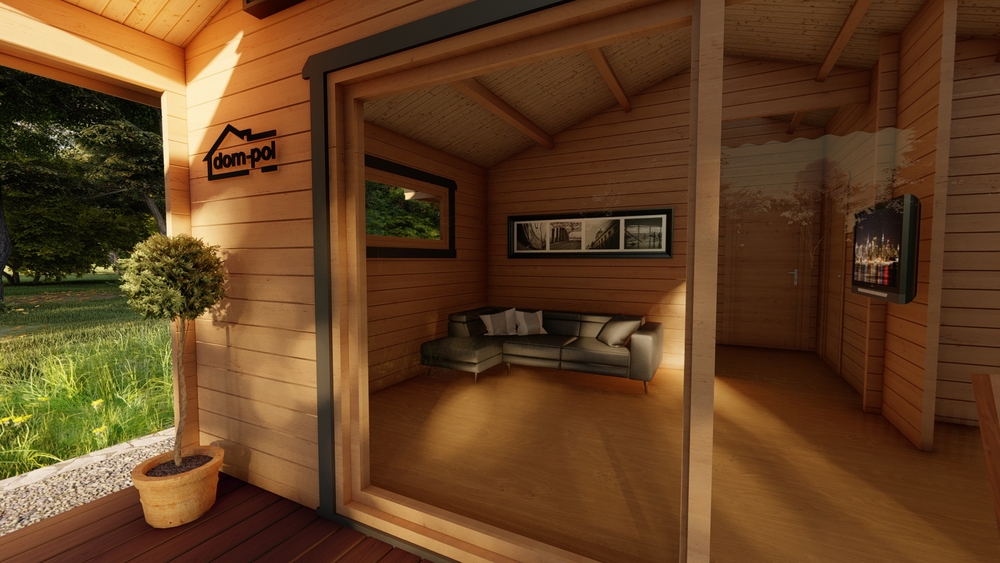 Nowoczesny drewniany dom z sofą.
